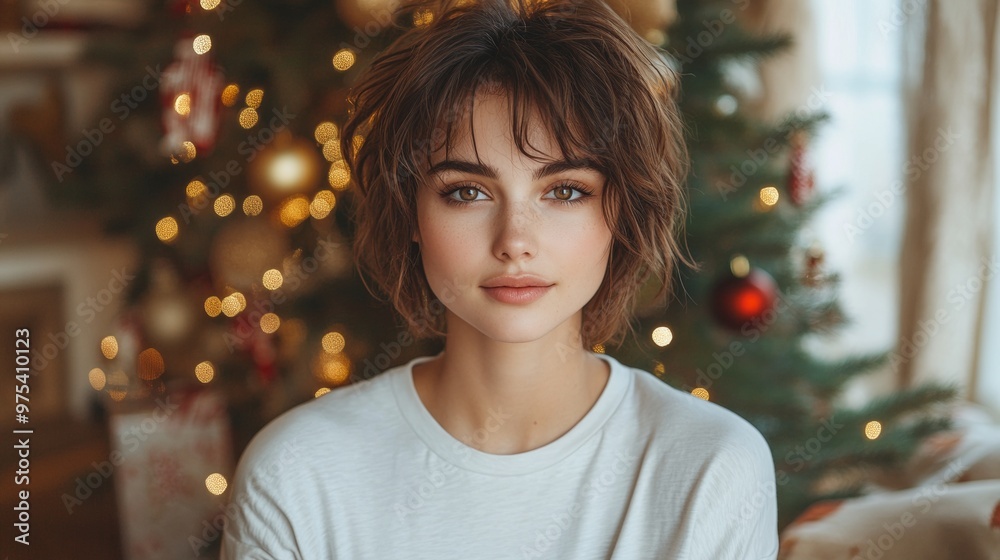 A young woman standing in front of a decorated Christmas tree, wearing a white shirt, with glowing holiday lights in the background creating a serene and festive atmosphere. A young woman standing in front of a decorated Christmas tree, wearing a white shirt, with glowing holiday lights in the background creating a serene and festive atmosphere.