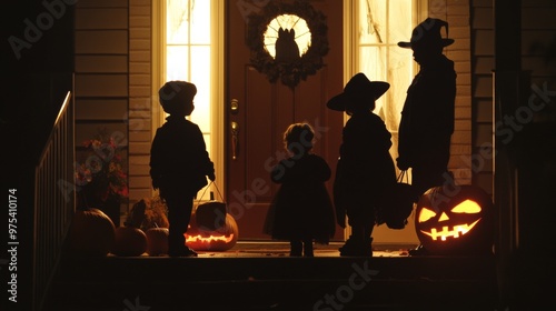 Children dressed in costumes holding pumpkin buckets, standing in front of a lit house, ready for trick-or-treating, with glowing jack-o'-lanterns on the porch.