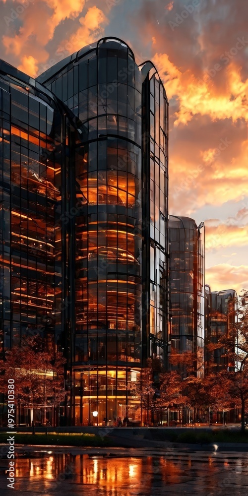 Obraz premium a modern glass and steel building with a curved facade, illuminated by warm orange and yellow lights at sunset. The building is situated on a street corner, with trees and a