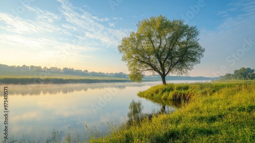 A lone tree stands on the bank of a calm river at dawn, with a misty haze over the water and a clear blue sky above.