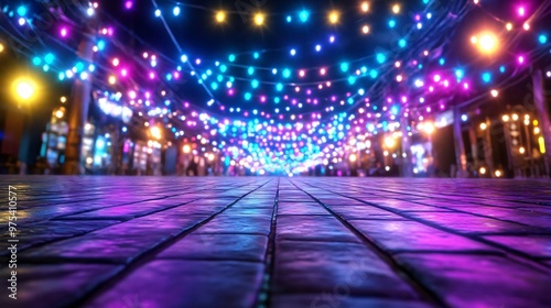 A vibrant scene of colorful lights illuminating a cobblestone pathway, creating a magical ambiance at night.