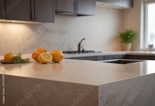 A modern kitchen with a marble countertop, a sink, and a plant, featuring a few oranges and a lemon on the counter.