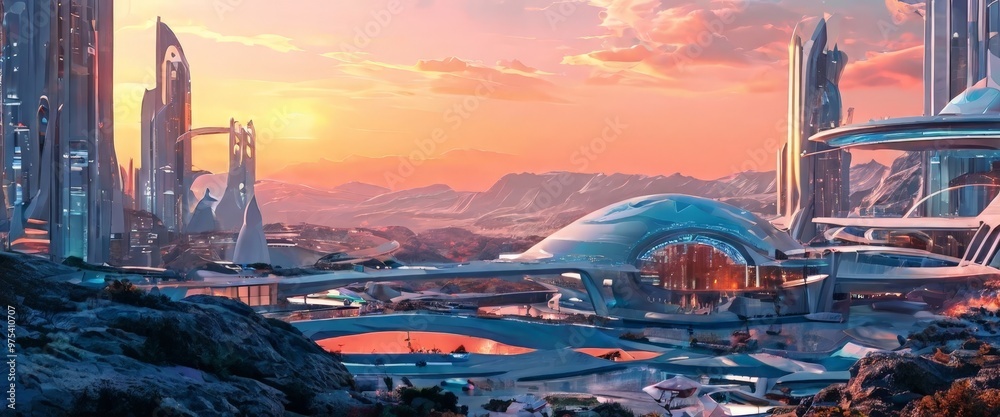 Fototapeta premium a futuristic cityscape at sunset, with towering structures, a dome-shaped building, and a bridge spanning a body of water. The sky is filled with vibrant hues of orange and