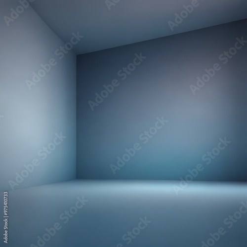 An empty, minimalist room with a gray wall and a white floor, featuring a gradient effect from light to dark blue.