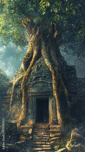 An ancient temple built into massive tree, its roots intertwining with stone, creates mystical atmosphere. scene evokes sense of wonder and history