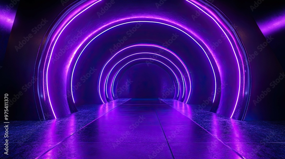 A long hallway with a reflective floor and purple neon lights forming a circle around the entrance to the next room. A long hallway with a reflective floor and purple neon lights forming a circle around the entrance to the next room.