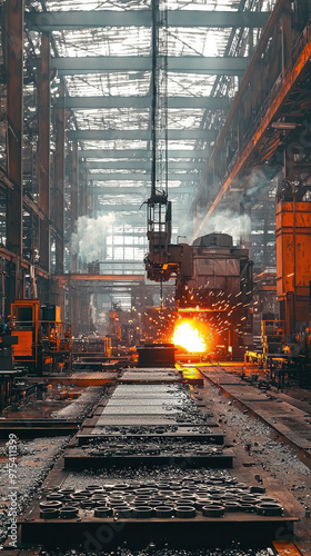 A bustling industrial factory producing metal parts, showcasing dramatic scene with sparks flying and machinery in action. atmosphere is filled with energy and essence of manufacturing