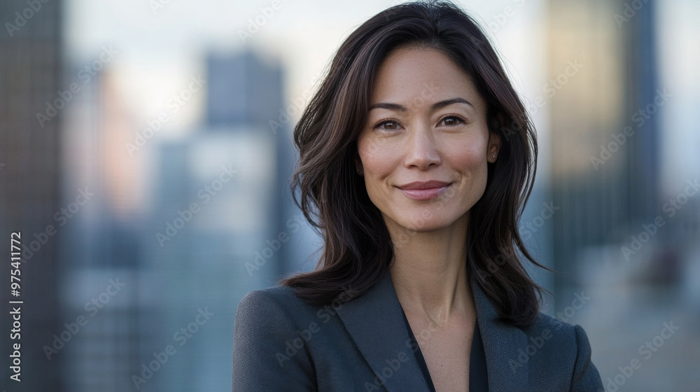 A relaxed business casual portrait of a woman in a sleek blazer, smiling softly, city skyline in the background A relaxed business casual portrait of a woman in a sleek blazer, smiling softly, city skyline in the background