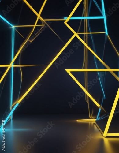 a dark background with a geometric pattern of intersecting yellow and blue lines, creating a sense of depth and movement.