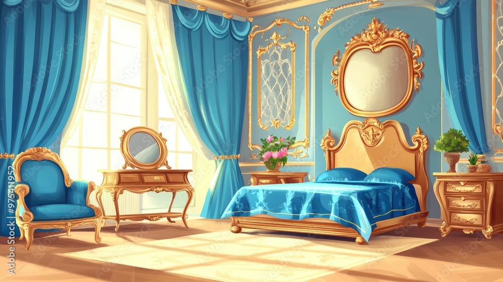 A luxurious bedroom with a large bed, ornate furniture, and a large window with sunlight streaming in. A luxurious bedroom with a large bed, ornate furniture, and a large window with sunlight streaming in.