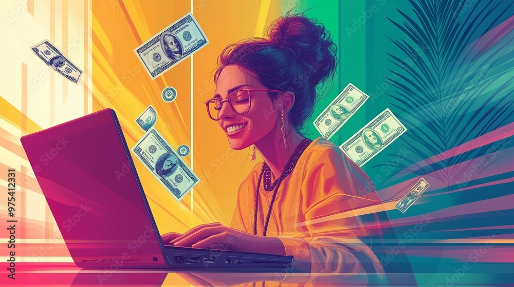 young woman sitting at laptop, smiling and surrounded by money flying from screen. Freelancer, work in the IT industry, earning money on the Internet young woman sitting at laptop, smiling and surrounded by money flying from screen. Freelancer, work in the IT industry, earning money on the Internet