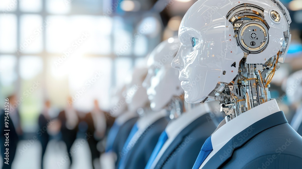 Futuristic Corporate AI: Group of Robots in Business Suits at Stock Exchange Futuristic Corporate AI: Group of Robots in Business Suits at Stock Exchange