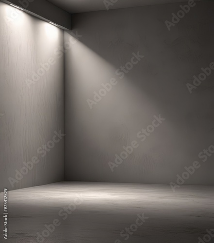 A dimly lit, empty room with a concrete floor and a single light source on the left wall, creating a sense of solitude and tranquility. photo