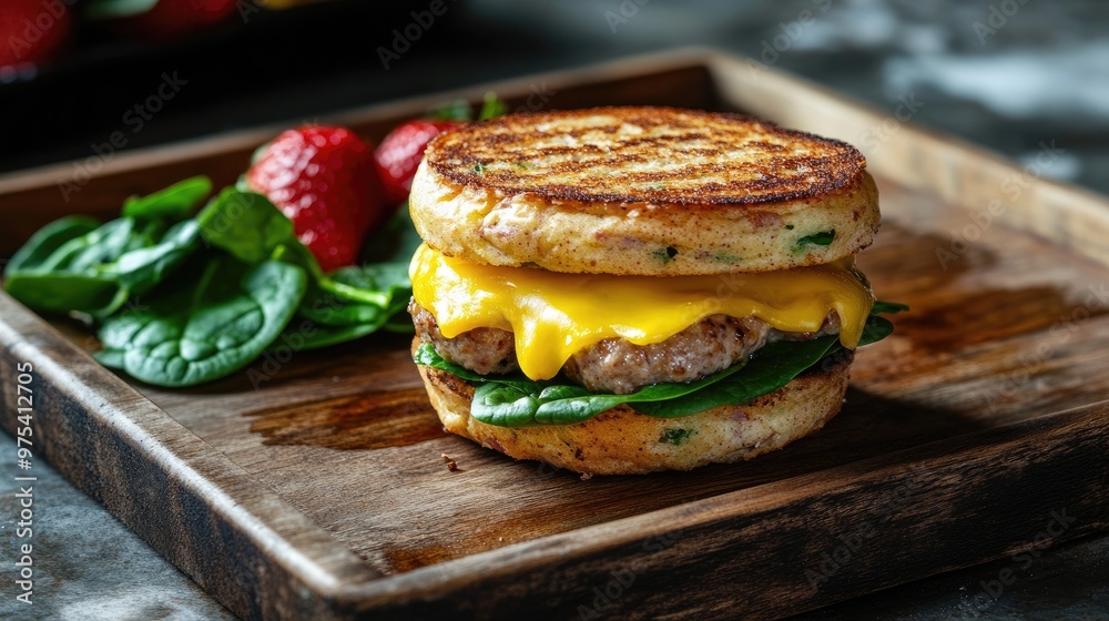 Egg muffin sandwich with melted cheese, spinach, and turkey sausage, served on a wooden tray with a side of fresh fruit, modern breakfast-on-the-go concept Egg muffin sandwich with melted cheese, spinach, and turkey sausage, served on a wooden tray with a side of fresh fruit, modern breakfast-on-the-go concept
