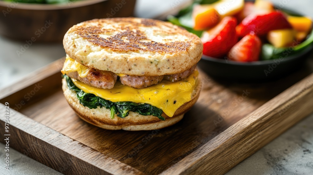 Egg muffin sandwich with melted cheese, spinach, and turkey sausage, served on a wooden tray with a side of fresh fruit, modern breakfast-on-the-go concept Egg muffin sandwich with melted cheese, spinach, and turkey sausage, served on a wooden tray with a side of fresh fruit, modern breakfast-on-the-go concept