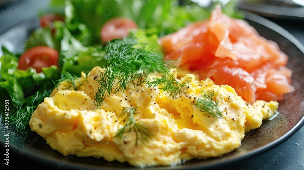 Fluffy scrambled eggs with smoked salmon and dill, plated next to a fresh salad, vibrant colors and textures, healthy breakfast concept, modern presentation Fluffy scrambled eggs with smoked salmon and dill, plated next to a fresh salad, vibrant colors and textures, healthy breakfast concept, modern presentation