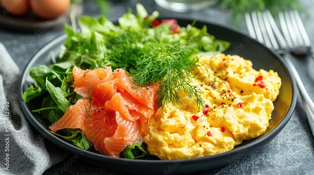 Fluffy scrambled eggs with smoked salmon and dill, plated next to a fresh salad, vibrant colors and textures, healthy breakfast concept, modern presentation Fluffy scrambled eggs with smoked salmon and dill, plated next to a fresh salad, vibrant colors and textures, healthy breakfast concept, modern presentation