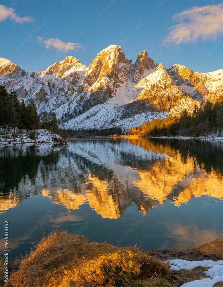 Snow-capped peaks reflected in a tranquil alpine lake during winter Snow-capped peaks reflected in a tranquil alpine lake during winter
