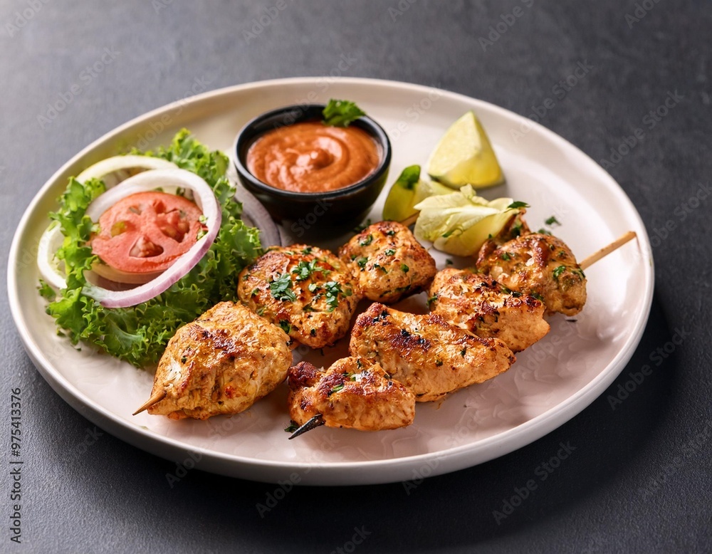 Grilled chicken skewers served on flatbread with lime wedges Grilled chicken skewers served on flatbread with lime wedges