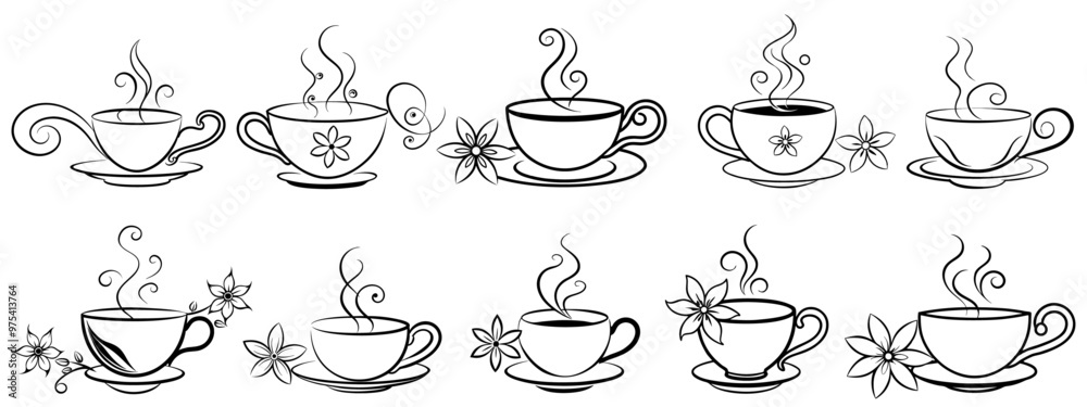 Coffee or tea cup with steam with flowers silhouette vector on white background Coffee or tea cup with steam with flowers silhouette vector on white background
