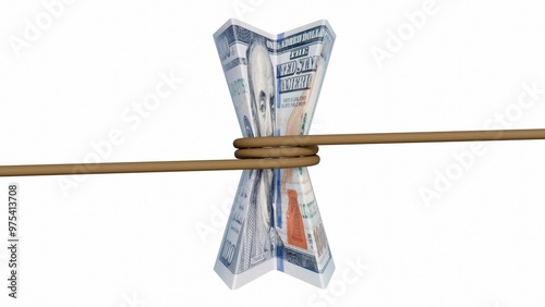 A bundle of $100 bills is tied tightly with a thick, brown rope. The rope runs horizontally; 3d rendering photo