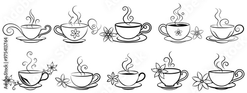 Coffee or tea cup with steam with flowers silhouette vector on white background