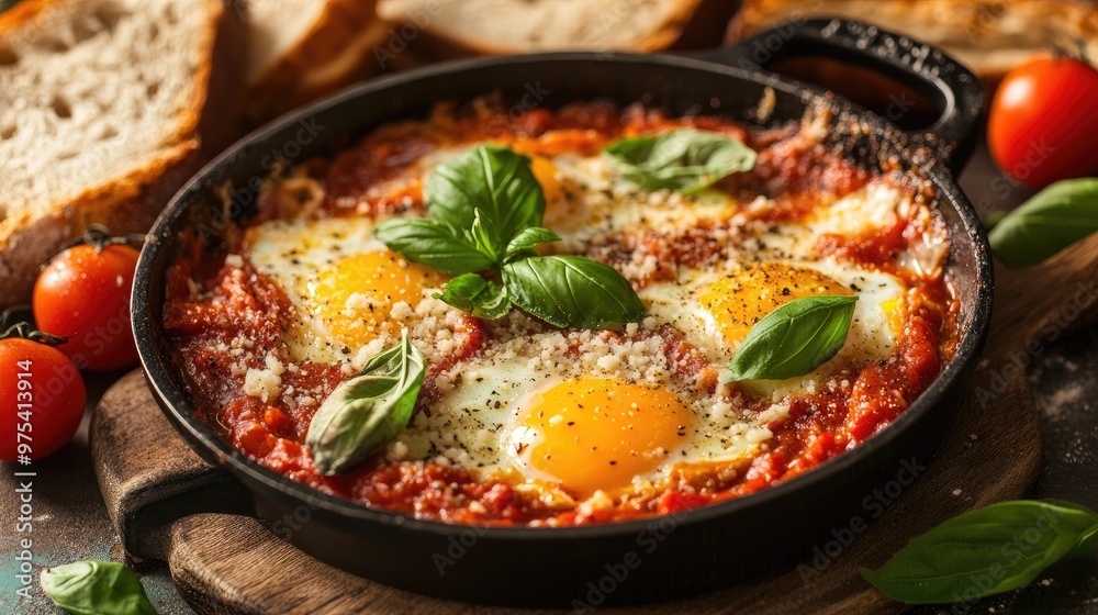 Italian-style breakfast with eggs baked in marinara sauce, topped with parmesan and basil, served with crusty bread, rustic and comforting kitchen vibe Italian-style breakfast with eggs baked in marinara sauce, topped with parmesan and basil, served with crusty bread, rustic and comforting kitchen vibe
