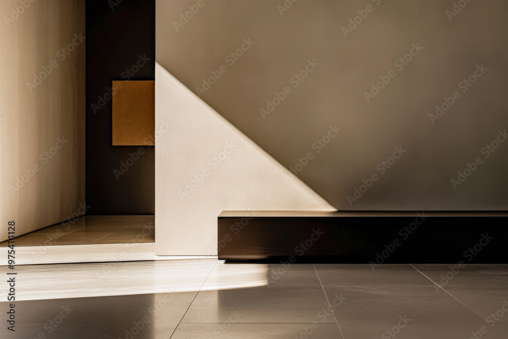 Minimalist living room airy corner in golden tones with a window casting natural lighting and a large shadow in the room. Residential interiors with minimal furniture or decor. Minimalist living room airy corner in golden tones with a window casting natural lighting and a large shadow in the room. Residential interiors with minimal furniture or decor.