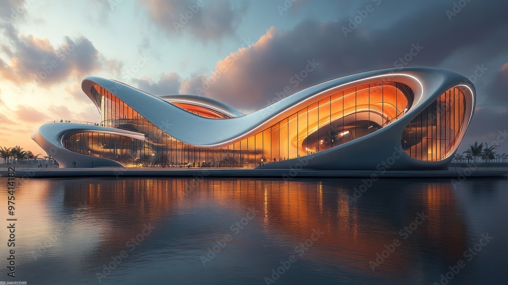 A futuristic architectural structure with flowing lines and glass. A futuristic architectural structure with flowing lines and glass.
