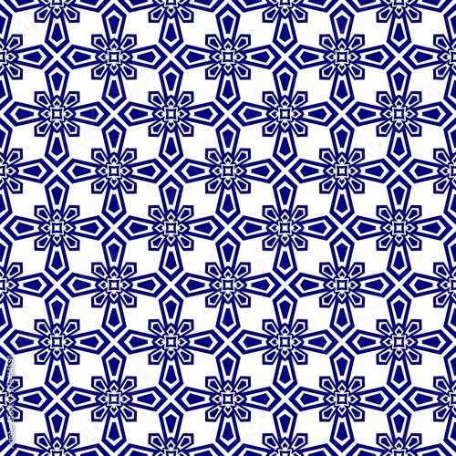Ornate geometric seamless pattern. Navy blue color on white background