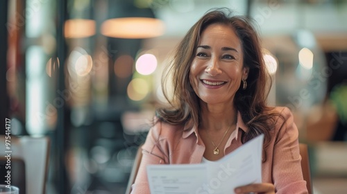 Fototapeta Naklejka Na Ścianę i Meble -  Smiling mature business woman hr holding cv document at job interview. Happy mid aged professional banking manager or lawyer consulting client sitting at workplace in corporate office meeting.