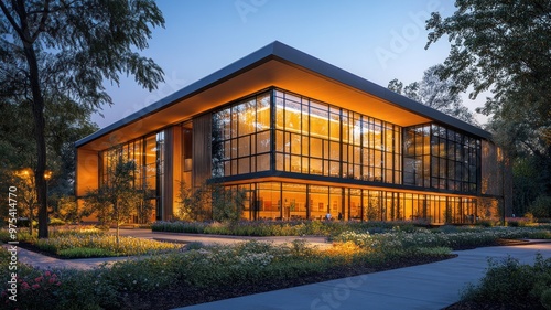 Modern glass building illuminated at dusk, surrounded by greenery.