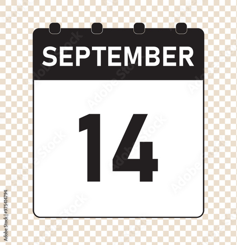 14 September calendar icon text page monthly web design on red, white and black background vector, icon, or illustration with the month of September 14