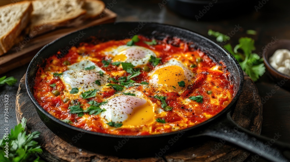 Shakshuka with poached eggs in a spicy tomato sauce, served in a cast-iron skillet, rustic table setting with fresh herbs and bread on the side Shakshuka with poached eggs in a spicy tomato sauce, served in a cast-iron skillet, rustic table setting with fresh herbs and bread on the side
