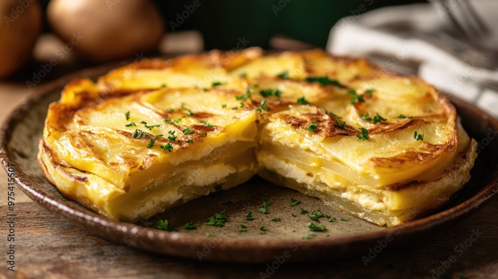 Spanish tortilla with layers of egg and potato, served in thick slices on a rustic ceramic plate, garnished with parsley, warm and inviting atmosphere Spanish tortilla with layers of egg and potato, served in thick slices on a rustic ceramic plate, garnished with parsley, warm and inviting atmosphere