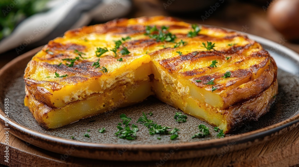 Spanish tortilla with layers of egg and potato, served in thick slices on a rustic ceramic plate, garnished with parsley, warm and inviting atmosphere Spanish tortilla with layers of egg and potato, served in thick slices on a rustic ceramic plate, garnished with parsley, warm and inviting atmosphere