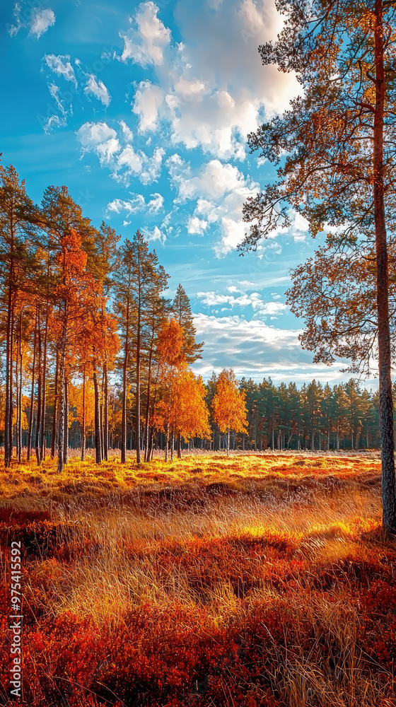 Fototapeta premium A vibrant Swedish autumn landscape showcases stunning array of red, orange, and golden foliage under bright blue sky. scene evokes sense of tranquility and natural beauty