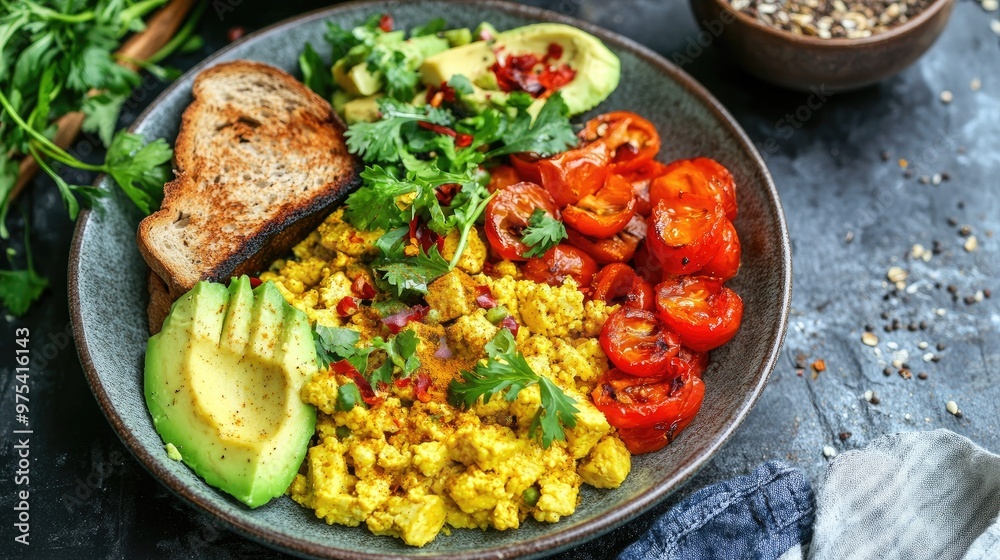 Vegan tofu scramble with turmeric, served with roasted vegetables, a side of avocado, and whole-grain toast, vibrant and colorful healthy breakfast plate Vegan tofu scramble with turmeric, served with roasted vegetables, a side of avocado, and whole-grain toast, vibrant and colorful healthy breakfast plate