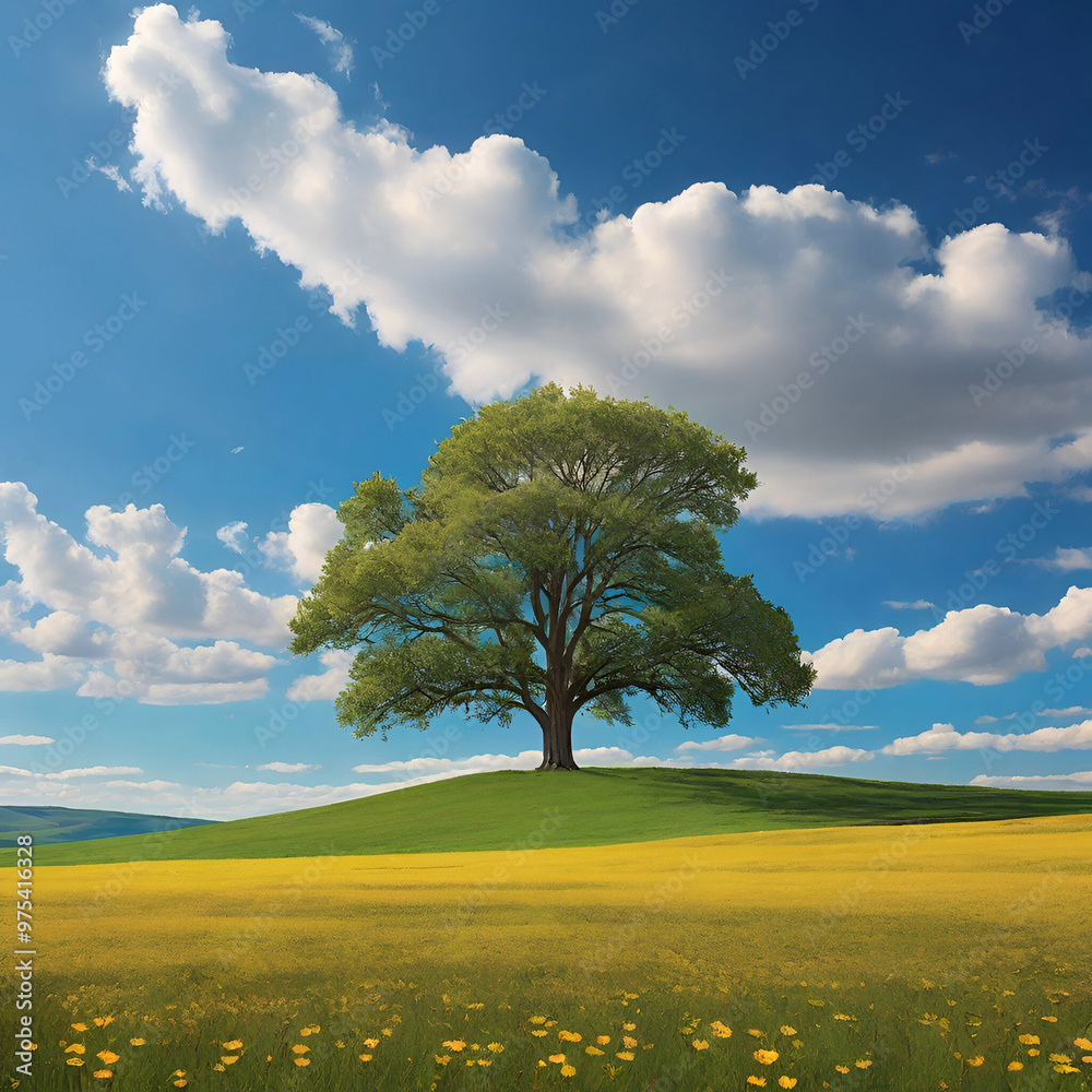 Obraz premium A solitary tree stands in a vibrant field adorned with blooming yellow flowers a clear blue sky