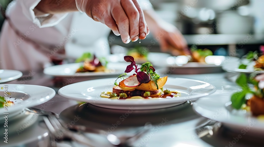 Artistic overhead photo of a chef in a high-end restaurant expertly arranging a gourmet dish on a white porcelain plate showcasing refined food presentation and culinary expertise Artistic overhead photo of a chef in a high-end restaurant expertly arranging a gourmet dish on a white porcelain plate showcasing refined food presentation and culinary expertise