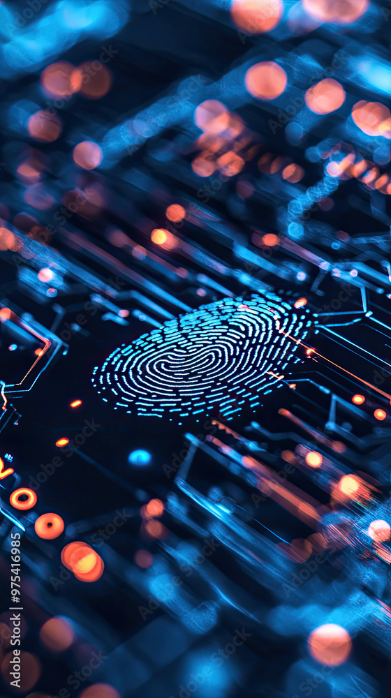 A digital fingerprint scanner showcasing intricate circuitry and glowing elements, symbolizing advanced technology and security. vibrant colors create captivating visual experience A digital fingerprint scanner showcasing intricate circuitry and glowing elements, symbolizing advanced technology and security. vibrant colors create captivating visual experience