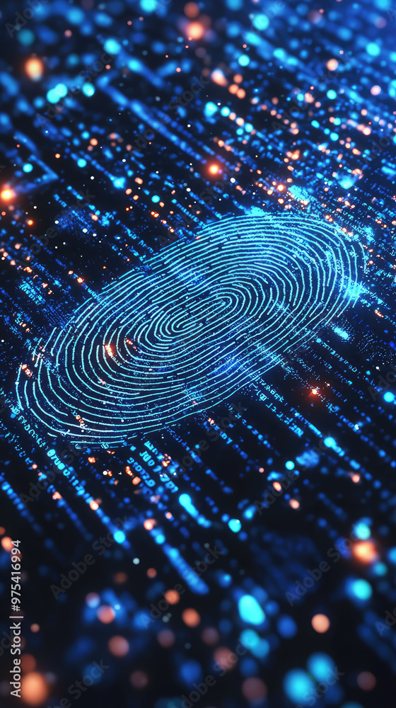 Digital fingerprint scanner unlocking sensitive information, showcasing vibrant blue fingerprint against backdrop of glowing data points. This image represents security and technology