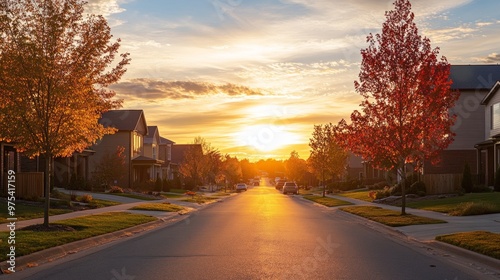 Residential Neighborhood Street at Sunset in Bentonville, Arkansas photo