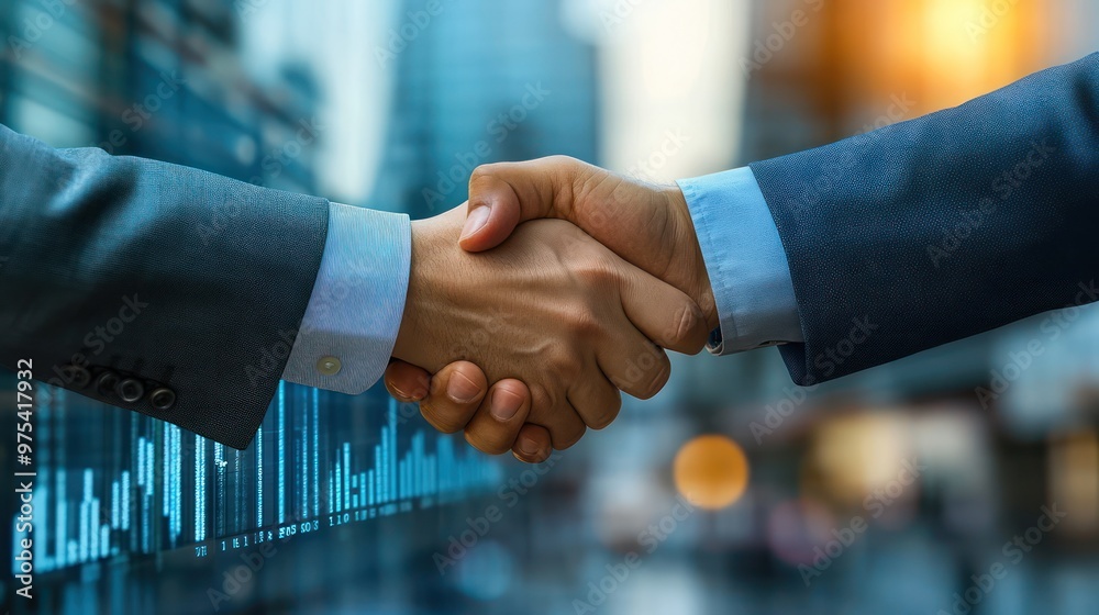 Hands shaking over a business deal with a charts or a blurred skyline background showing implying that successful deals Hands shaking over a business deal with a charts or a blurred skyline background showing implying that successful deals