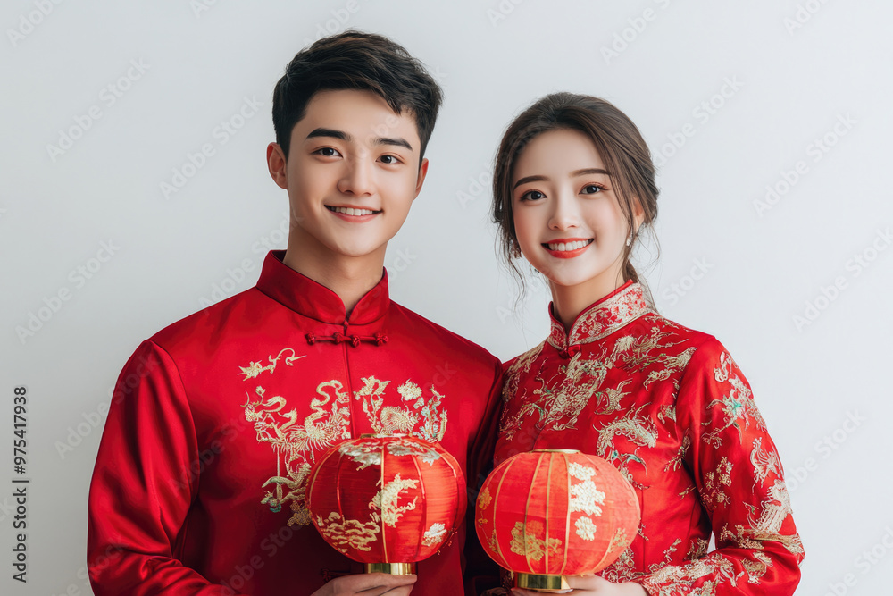 Young Chinese couple, holding red envelope gifts to bless Young Chinese couple, holding red envelope gifts to bless