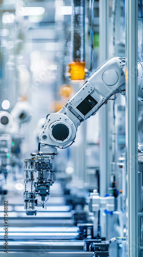 Robotic arms are actively assembling parts in modern factory environment, showcasing advanced technology and automation. scene reflects efficiency and precision in manufacturing processes