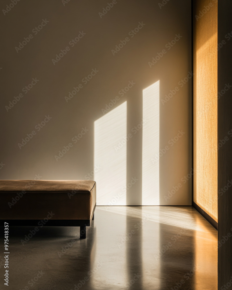 Minimalist empty living room corner in golden tones with a window casting natural lighting and a large shadow in the room. Residential interiors with minimal furniture or decor Minimalist empty living room corner in golden tones with a window casting natural lighting and a large shadow in the room. Residential interiors with minimal furniture or decor