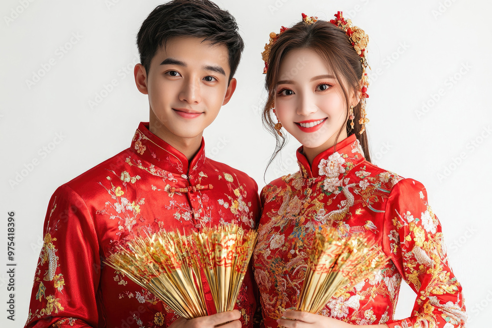 Young Chinese couple, holding red envelope gifts to bless
