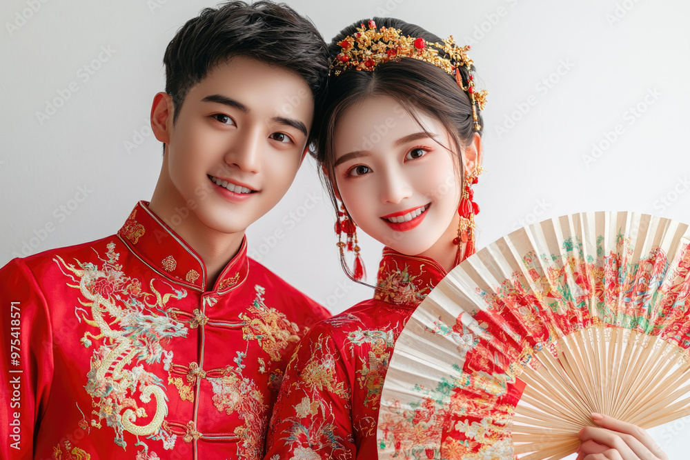 Young Chinese couple, holding red envelope gifts to bless Young Chinese couple, holding red envelope gifts to bless