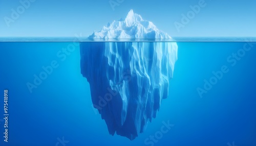 An iceberg visible above and below water on a clear blue background, illustrating the concept of hidden depth.